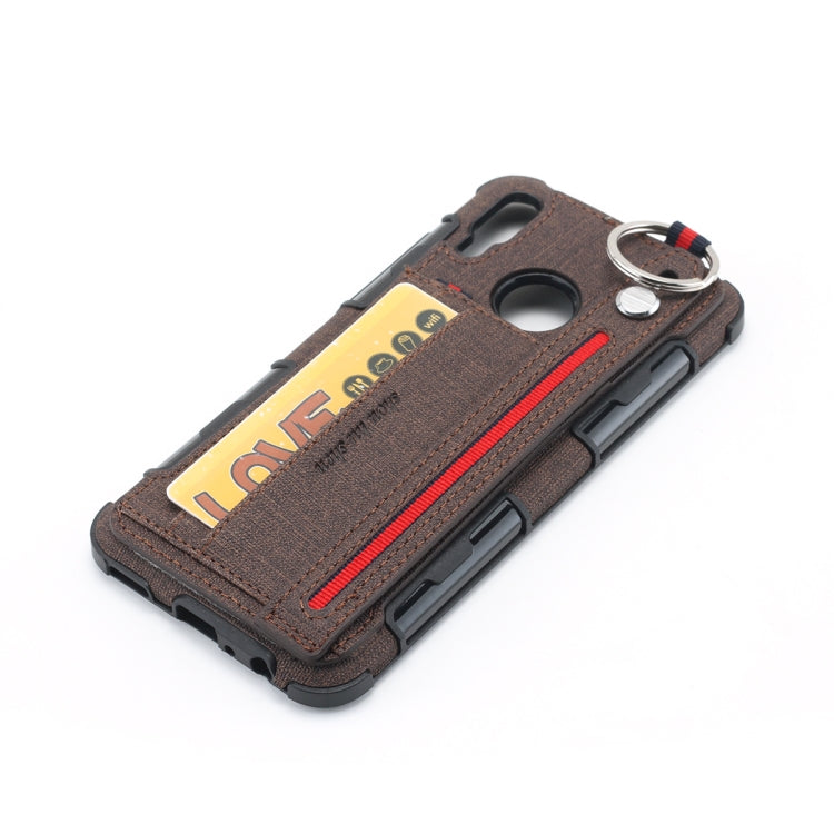 For Huawei P Smart (2019) Cloth Texture + TPU Shockproof Protective Case with Metal Ring & Holder & Card Slots & Hanging Strap