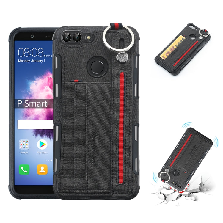 For Huawei P Smart (Enjoy 7S) Cloth Texture + TPU Shockproof Protective Case with Metal Ring & Holder & Card Slots & Hanging Strap
