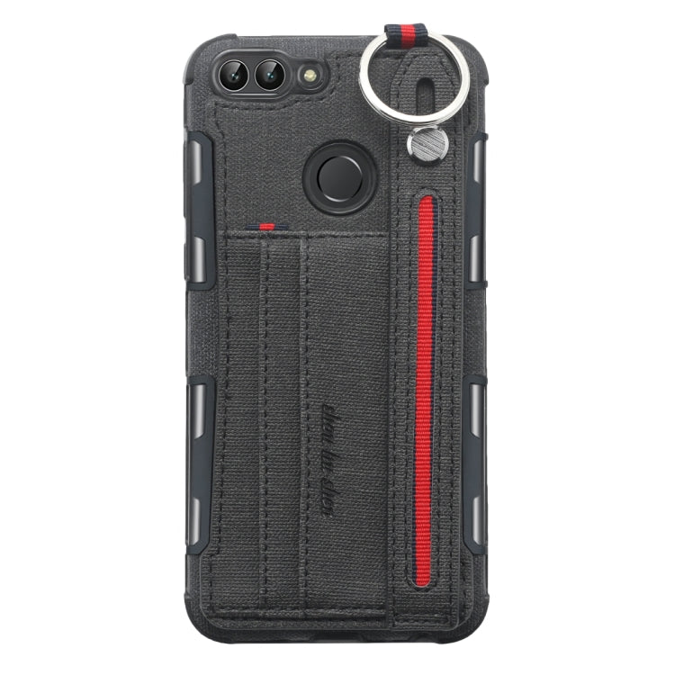 For Huawei P Smart (Enjoy 7S) Cloth Texture + TPU Shockproof Protective Case with Metal Ring & Holder & Card Slots & Hanging Strap