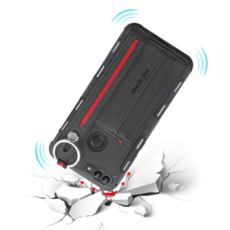 For Huawei P Smart (Enjoy 7S) Cloth Texture + TPU Shockproof Protective Case with Metal Ring & Holder & Card Slots & Hanging Strap