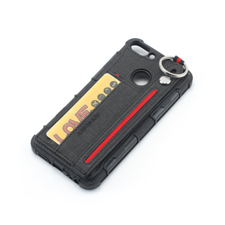 For Huawei P Smart (Enjoy 7S) Cloth Texture + TPU Shockproof Protective Case with Metal Ring & Holder & Card Slots & Hanging Strap