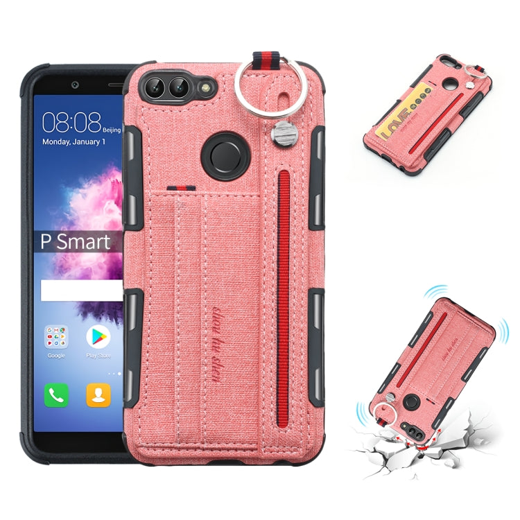 For Huawei P Smart (Enjoy 7S) Cloth Texture + TPU Shockproof Protective Case with Metal Ring & Holder & Card Slots & Hanging Strap