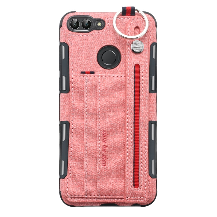 For Huawei P Smart (Enjoy 7S) Cloth Texture + TPU Shockproof Protective Case with Metal Ring & Holder & Card Slots & Hanging Strap