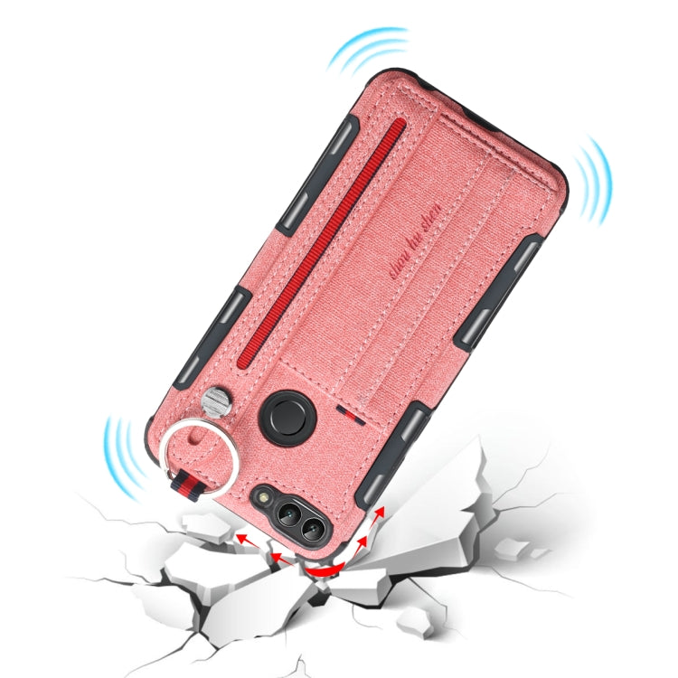 For Huawei P Smart (Enjoy 7S) Cloth Texture + TPU Shockproof Protective Case with Metal Ring & Holder & Card Slots & Hanging Strap