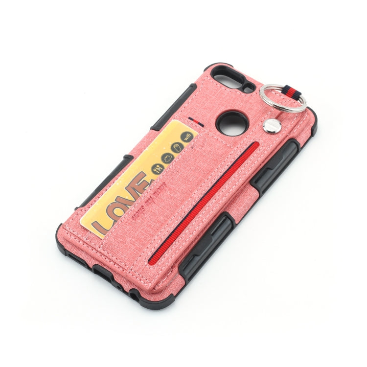 For Huawei P Smart (Enjoy 7S) Cloth Texture + TPU Shockproof Protective Case with Metal Ring & Holder & Card Slots & Hanging Strap