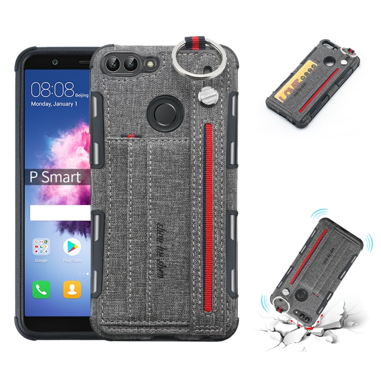 For Huawei P Smart (Enjoy 7S) Cloth Texture + TPU Shockproof Protective Case with Metal Ring & Holder & Card Slots & Hanging Strap