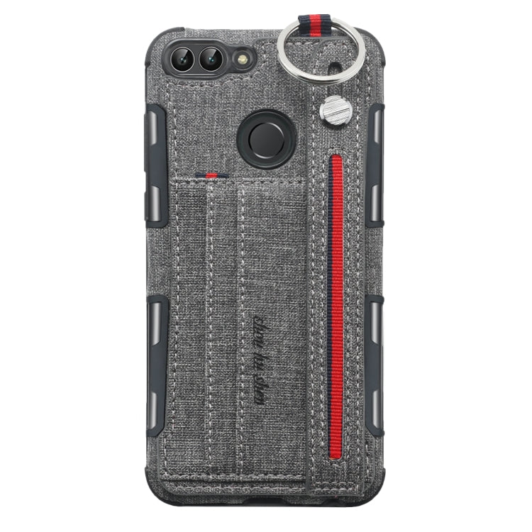 For Huawei P Smart (Enjoy 7S) Cloth Texture + TPU Shockproof Protective Case with Metal Ring & Holder & Card Slots & Hanging Strap