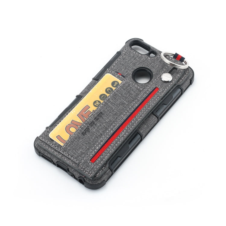 For Huawei P Smart (Enjoy 7S) Cloth Texture + TPU Shockproof Protective Case with Metal Ring & Holder & Card Slots & Hanging Strap