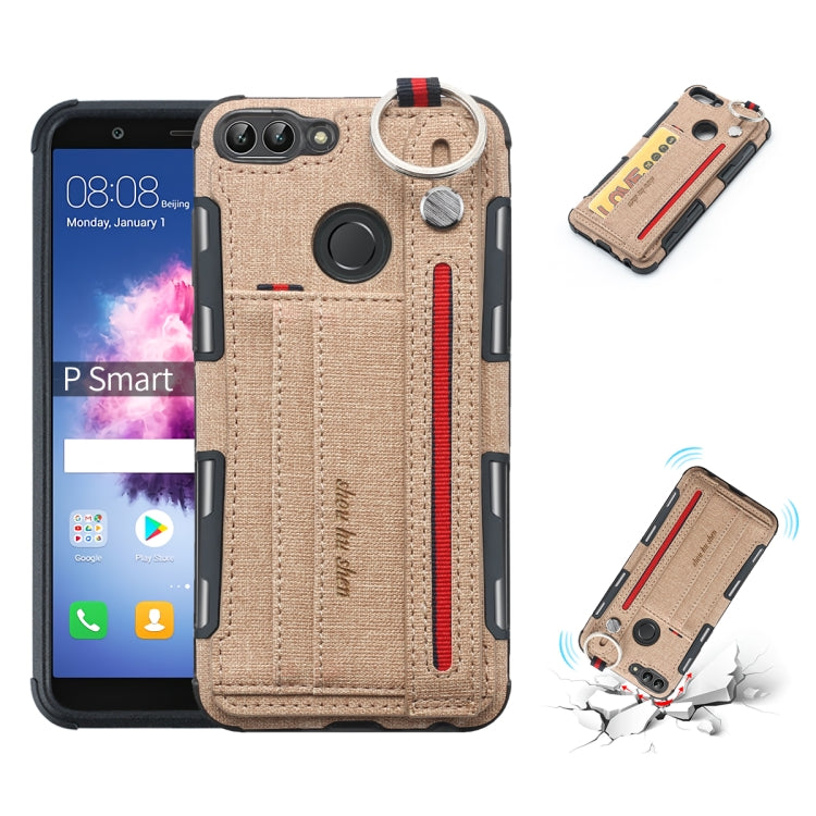 For Huawei P Smart (Enjoy 7S) Cloth Texture + TPU Shockproof Protective Case with Metal Ring & Holder & Card Slots & Hanging Strap
