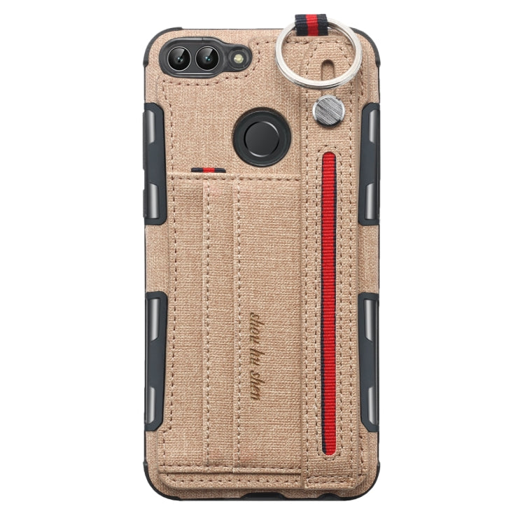 For Huawei P Smart (Enjoy 7S) Cloth Texture + TPU Shockproof Protective Case with Metal Ring & Holder & Card Slots & Hanging Strap