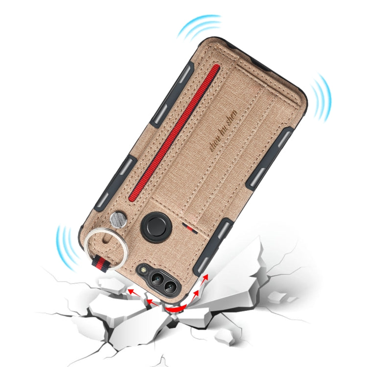 For Huawei P Smart (Enjoy 7S) Cloth Texture + TPU Shockproof Protective Case with Metal Ring & Holder & Card Slots & Hanging Strap