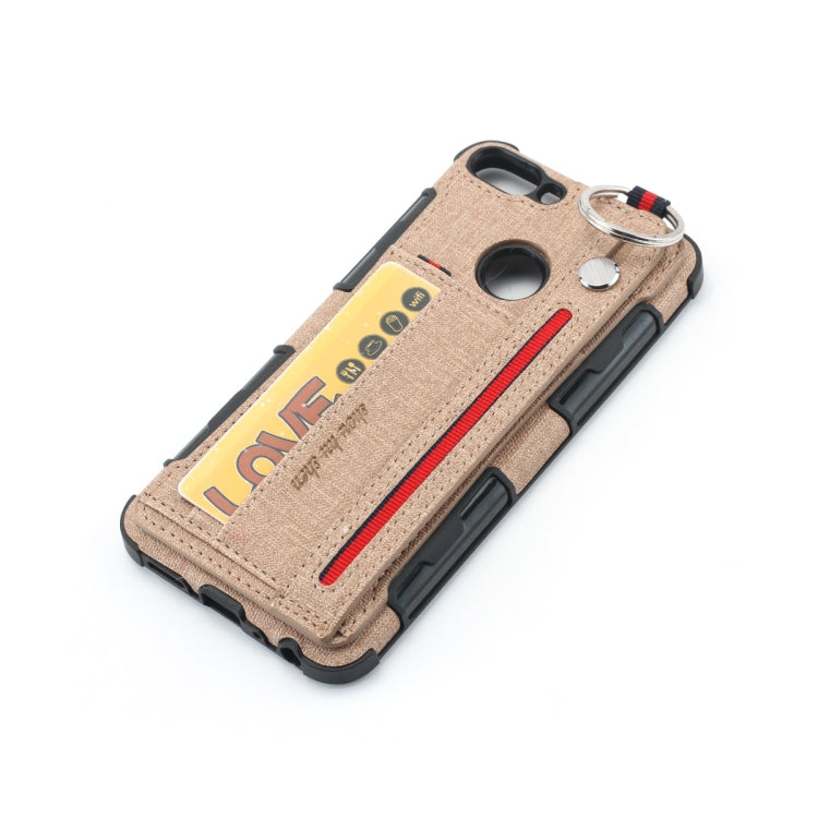 For Huawei P Smart (Enjoy 7S) Cloth Texture + TPU Shockproof Protective Case with Metal Ring & Holder & Card Slots & Hanging Strap