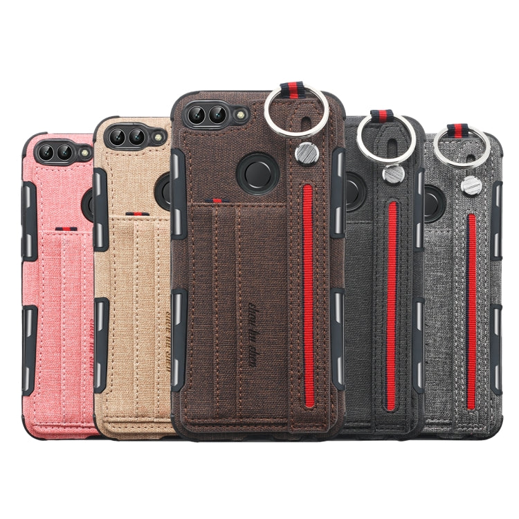 For Huawei P Smart (Enjoy 7S) Cloth Texture + TPU Shockproof Protective Case with Metal Ring & Holder & Card Slots & Hanging Strap