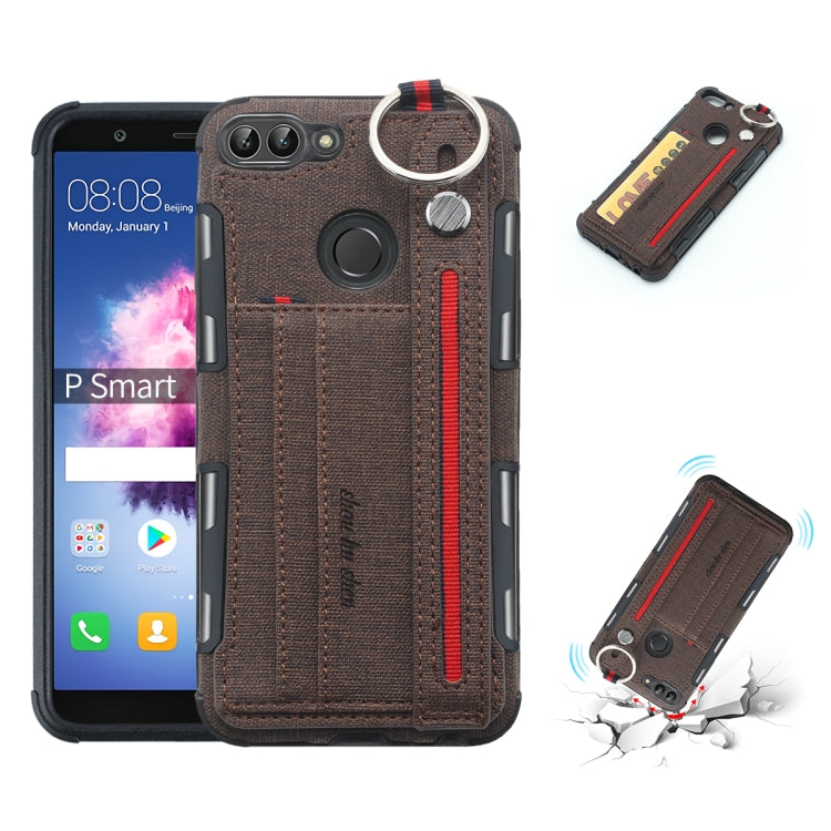 For Huawei P Smart (Enjoy 7S) Cloth Texture + TPU Shockproof Protective Case with Metal Ring & Holder & Card Slots & Hanging Strap