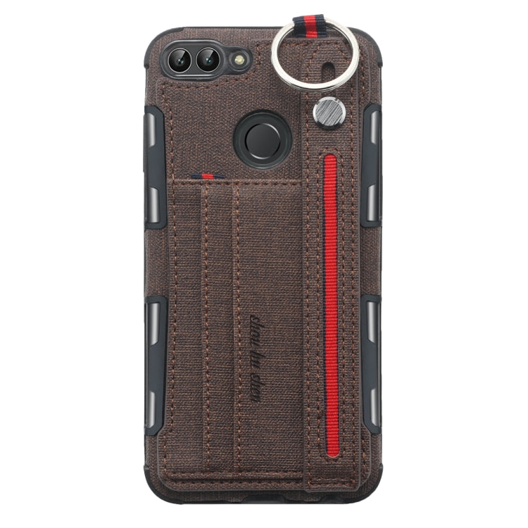 For Huawei P Smart (Enjoy 7S) Cloth Texture + TPU Shockproof Protective Case with Metal Ring & Holder & Card Slots & Hanging Strap