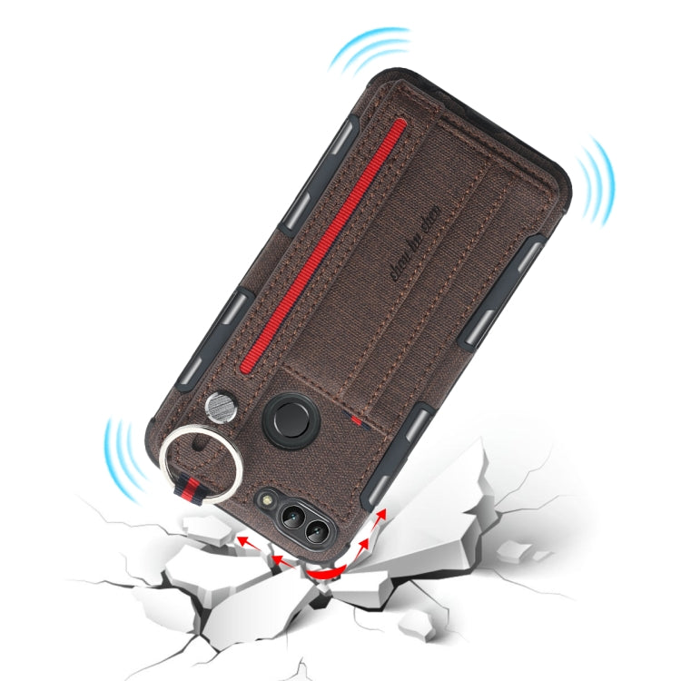 For Huawei P Smart (Enjoy 7S) Cloth Texture + TPU Shockproof Protective Case with Metal Ring & Holder & Card Slots & Hanging Strap