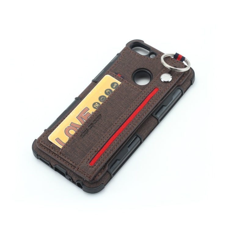 For Huawei P Smart (Enjoy 7S) Cloth Texture + TPU Shockproof Protective Case with Metal Ring & Holder & Card Slots & Hanging Strap