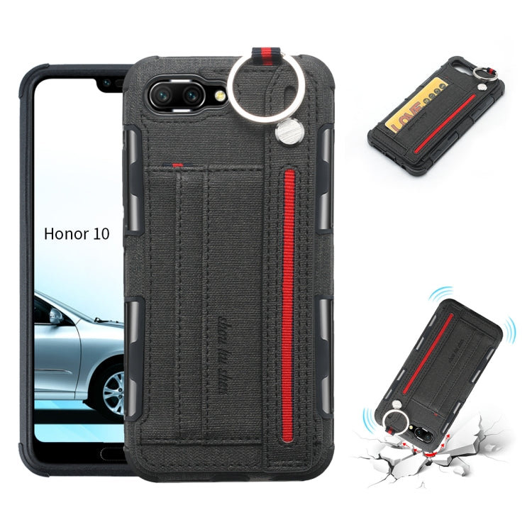 For Huawei Honor 10 Cloth Texture + TPU Shockproof Protective Case with Metal Ring & Holder & Card Slots & Hanging Strap