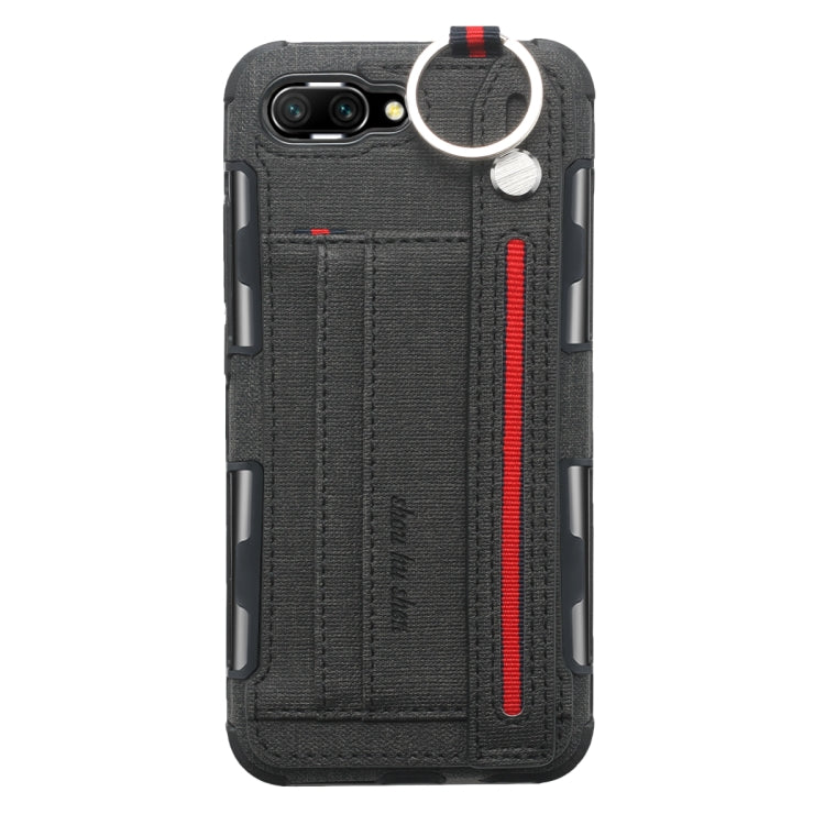 For Huawei Honor 10 Cloth Texture + TPU Shockproof Protective Case with Metal Ring & Holder & Card Slots & Hanging Strap