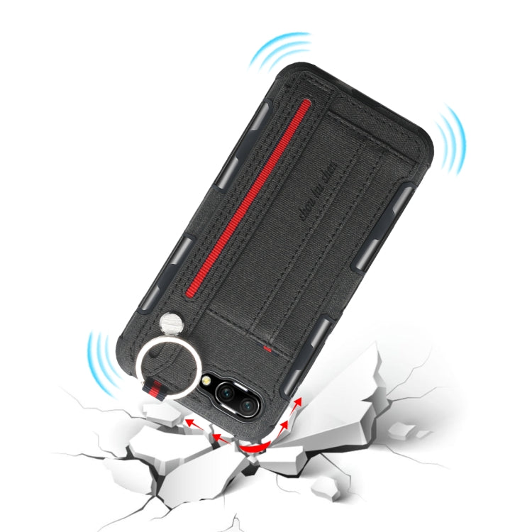 For Huawei Honor 10 Cloth Texture + TPU Shockproof Protective Case with Metal Ring & Holder & Card Slots & Hanging Strap