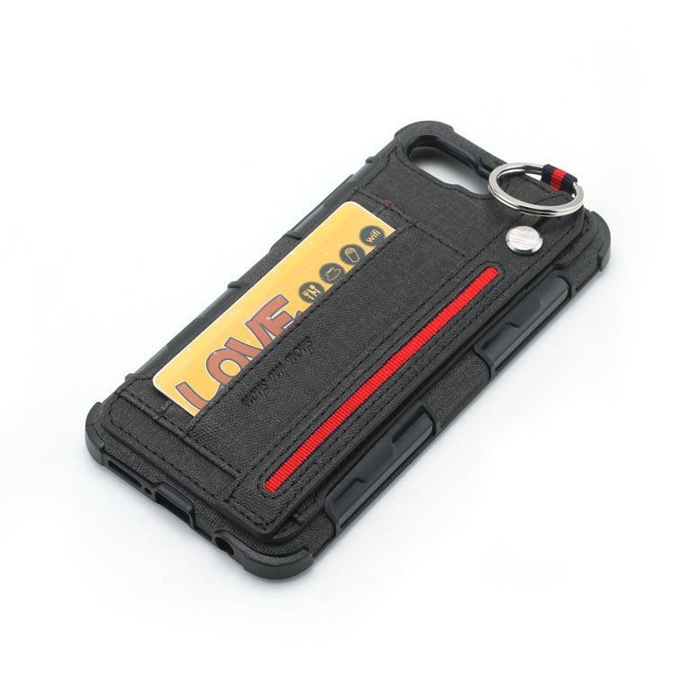 For Huawei Honor 10 Cloth Texture + TPU Shockproof Protective Case with Metal Ring & Holder & Card Slots & Hanging Strap