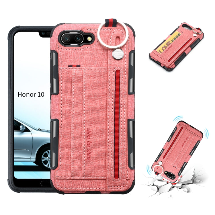 For Huawei Honor 10 Cloth Texture + TPU Shockproof Protective Case with Metal Ring & Holder & Card Slots & Hanging Strap