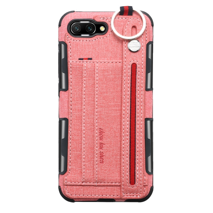 For Huawei Honor 10 Cloth Texture + TPU Shockproof Protective Case with Metal Ring & Holder & Card Slots & Hanging Strap