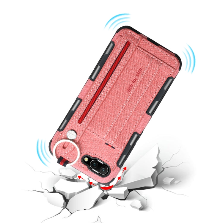 For Huawei Honor 10 Cloth Texture + TPU Shockproof Protective Case with Metal Ring & Holder & Card Slots & Hanging Strap