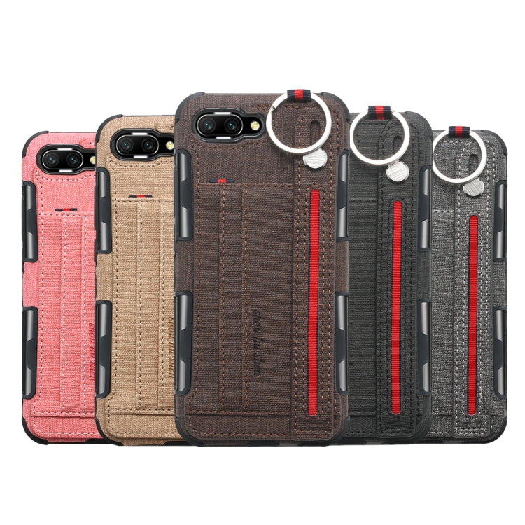 For Huawei Honor 10 Cloth Texture + TPU Shockproof Protective Case with Metal Ring & Holder & Card Slots & Hanging Strap