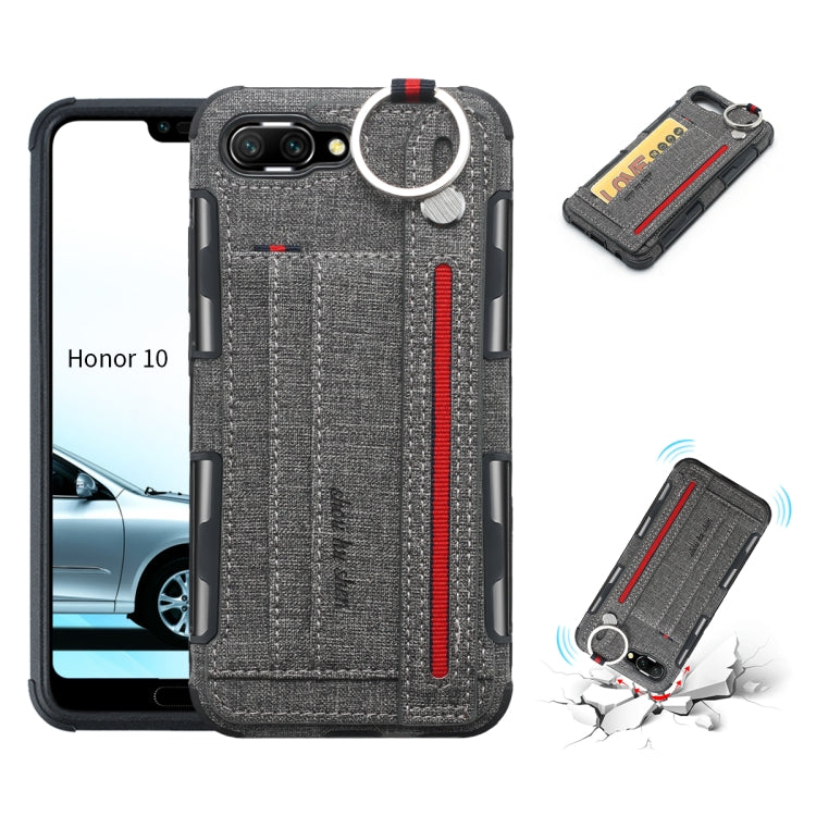 For Huawei Honor 10 Cloth Texture + TPU Shockproof Protective Case with Metal Ring & Holder & Card Slots & Hanging Strap