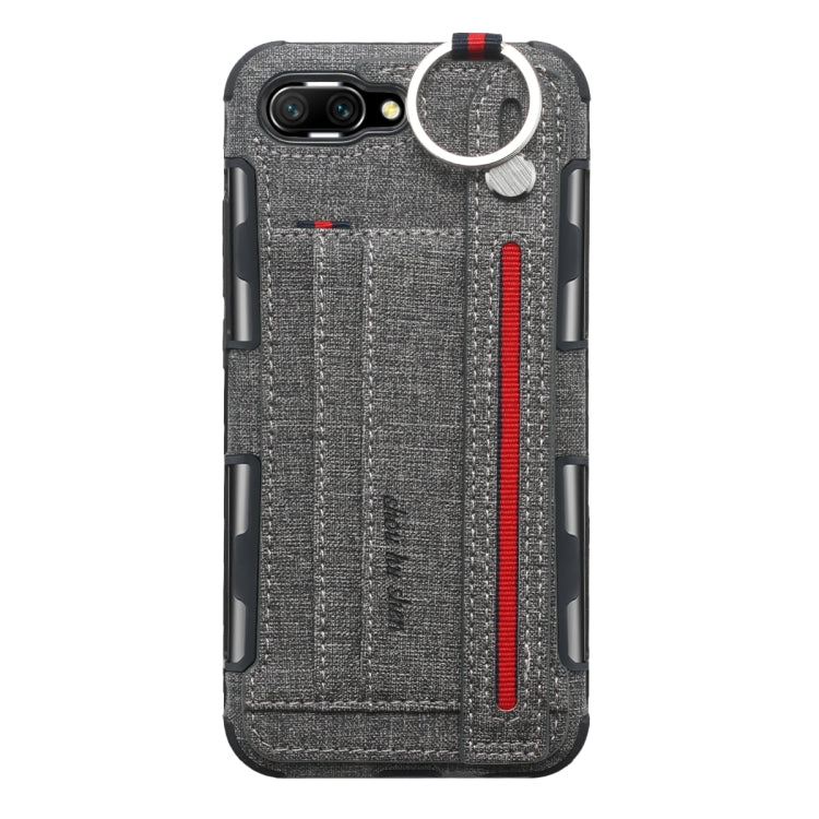 For Huawei Honor 10 Cloth Texture + TPU Shockproof Protective Case with Metal Ring & Holder & Card Slots & Hanging Strap