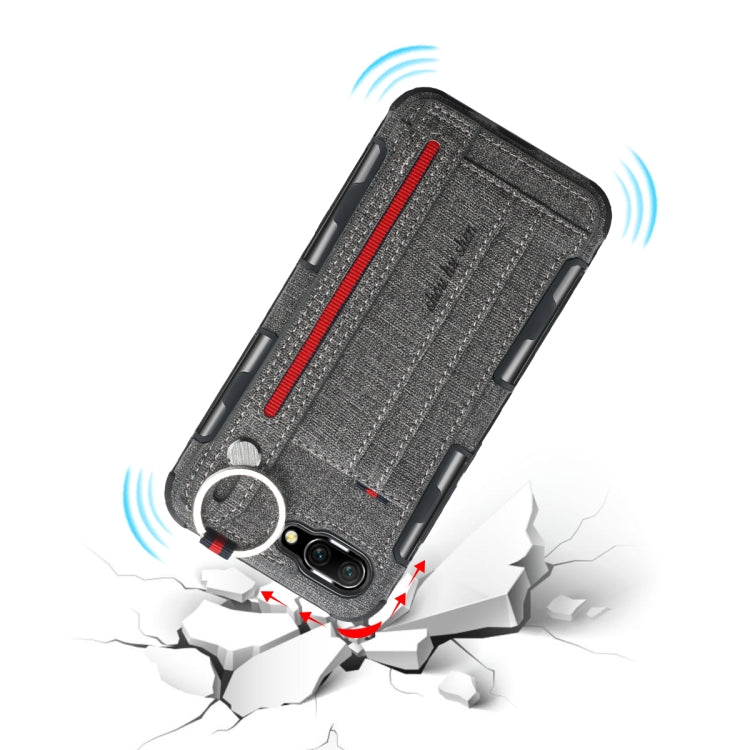 For Huawei Honor 10 Cloth Texture + TPU Shockproof Protective Case with Metal Ring & Holder & Card Slots & Hanging Strap