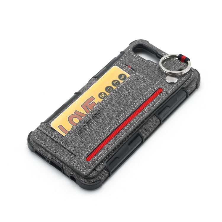 For Huawei Honor 10 Cloth Texture + TPU Shockproof Protective Case with Metal Ring & Holder & Card Slots & Hanging Strap