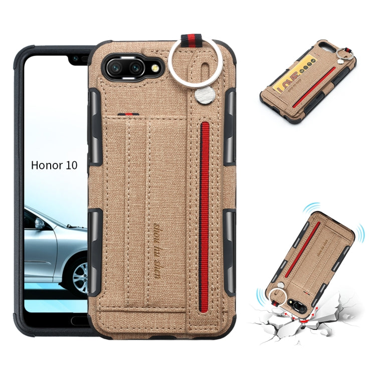 For Huawei Honor 10 Cloth Texture + TPU Shockproof Protective Case with Metal Ring & Holder & Card Slots & Hanging Strap