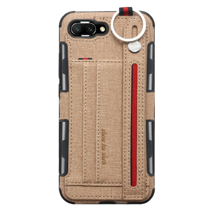 For Huawei Honor 10 Cloth Texture + TPU Shockproof Protective Case with Metal Ring & Holder & Card Slots & Hanging Strap