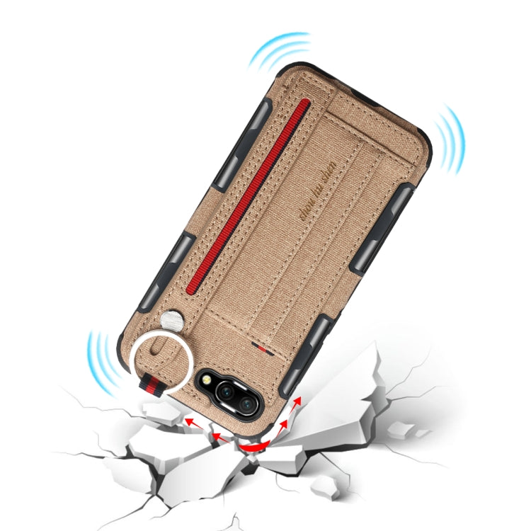 For Huawei Honor 10 Cloth Texture + TPU Shockproof Protective Case with Metal Ring & Holder & Card Slots & Hanging Strap
