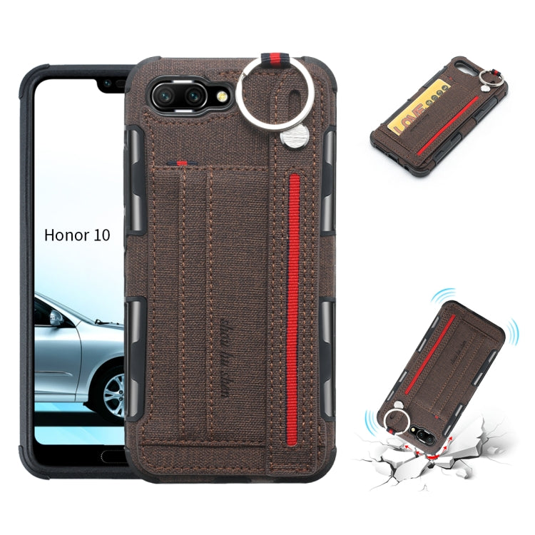 For Huawei Honor 10 Cloth Texture + TPU Shockproof Protective Case with Metal Ring & Holder & Card Slots & Hanging Strap