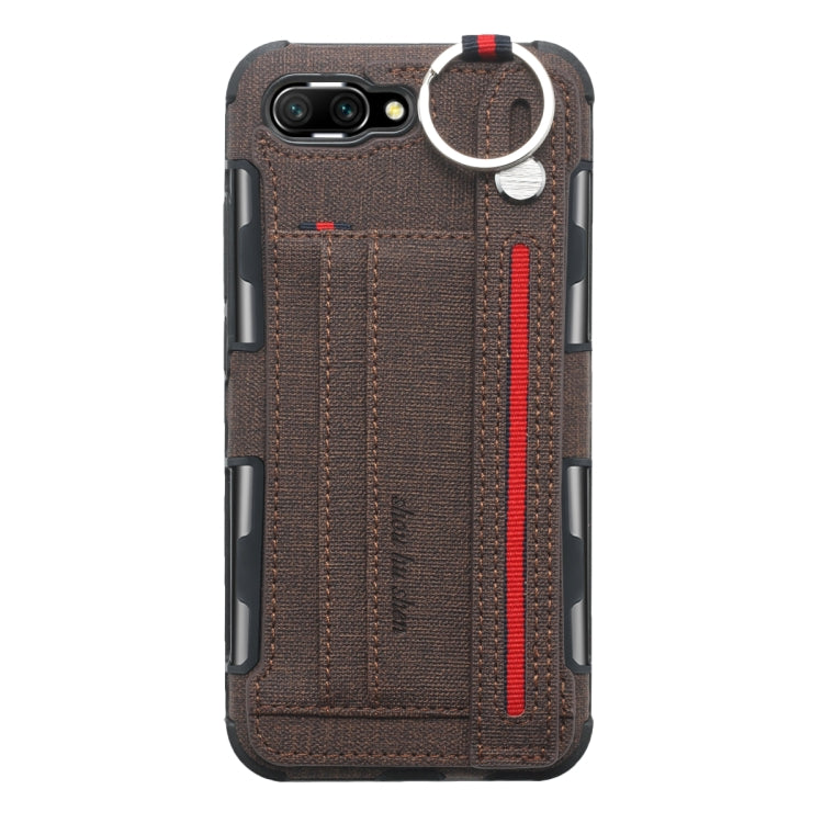 For Huawei Honor 10 Cloth Texture + TPU Shockproof Protective Case with Metal Ring & Holder & Card Slots & Hanging Strap