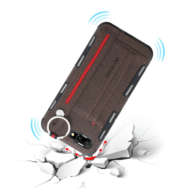For Huawei Honor 10 Cloth Texture + TPU Shockproof Protective Case with Metal Ring & Holder & Card Slots & Hanging Strap