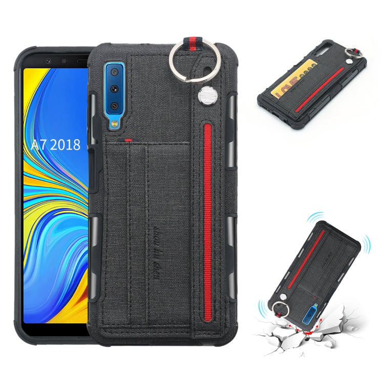 For Galaxy A7 (2018) Cloth Texture + TPU Shockproof Protective Case with Metal Ring & Holder & Card Slots & Hanging Strap