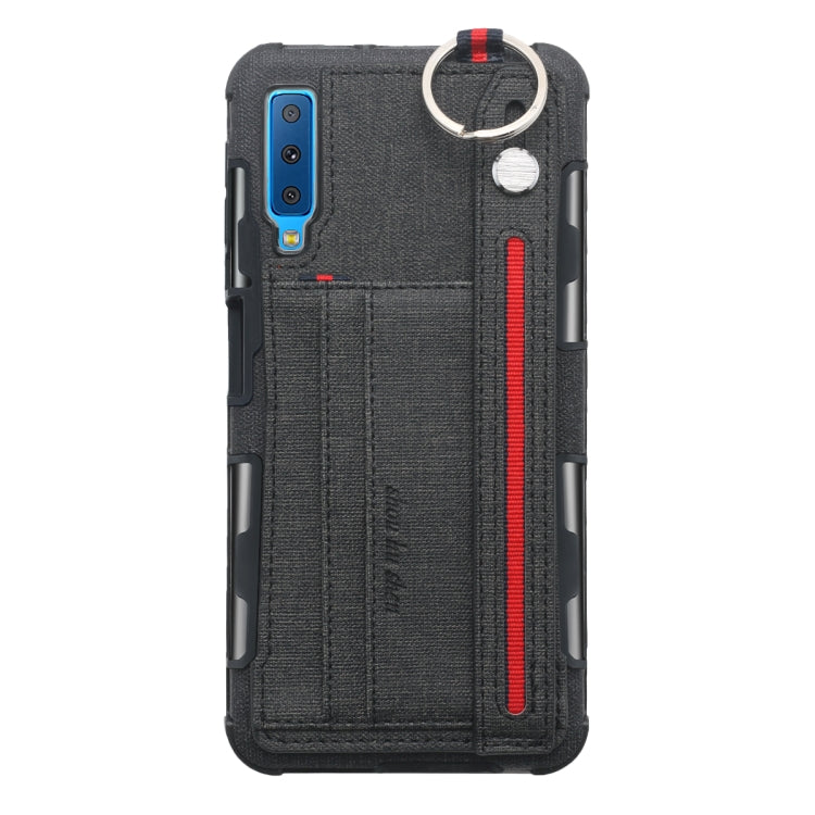 For Galaxy A7 (2018) Cloth Texture + TPU Shockproof Protective Case with Metal Ring & Holder & Card Slots & Hanging Strap