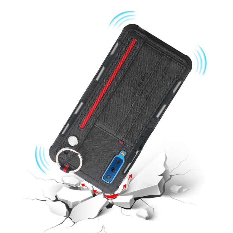 For Galaxy A7 (2018) Cloth Texture + TPU Shockproof Protective Case with Metal Ring & Holder & Card Slots & Hanging Strap