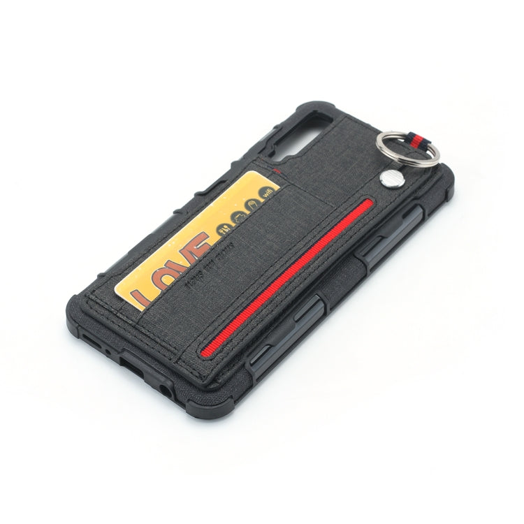 For Galaxy A7 (2018) Cloth Texture + TPU Shockproof Protective Case with Metal Ring & Holder & Card Slots & Hanging Strap