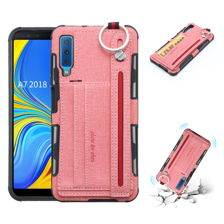 For Galaxy A7 (2018) Cloth Texture + TPU Shockproof Protective Case with Metal Ring & Holder & Card Slots & Hanging Strap