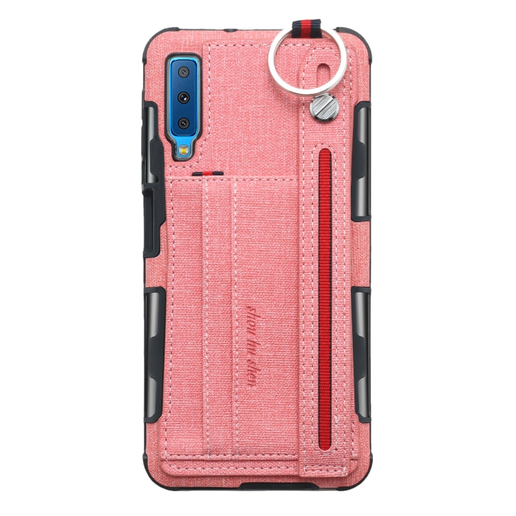 For Galaxy A7 (2018) Cloth Texture + TPU Shockproof Protective Case with Metal Ring & Holder & Card Slots & Hanging Strap