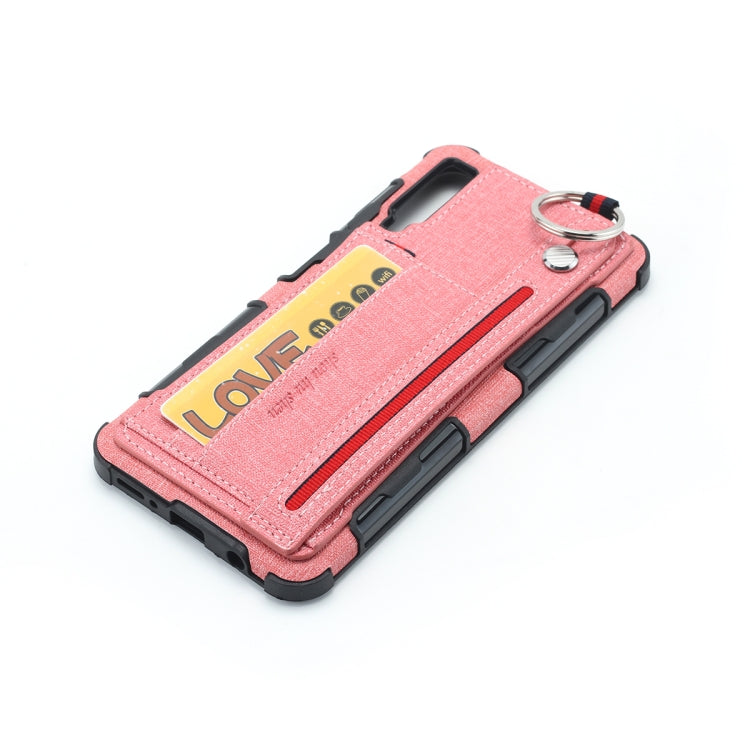 For Galaxy A7 (2018) Cloth Texture + TPU Shockproof Protective Case with Metal Ring & Holder & Card Slots & Hanging Strap