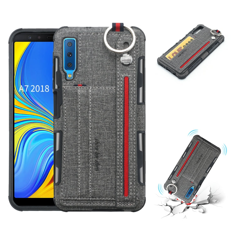 For Galaxy A7 (2018) Cloth Texture + TPU Shockproof Protective Case with Metal Ring & Holder & Card Slots & Hanging Strap