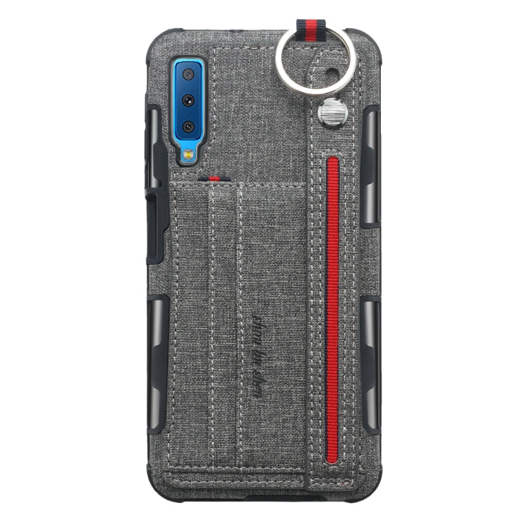 For Galaxy A7 (2018) Cloth Texture + TPU Shockproof Protective Case with Metal Ring & Holder & Card Slots & Hanging Strap