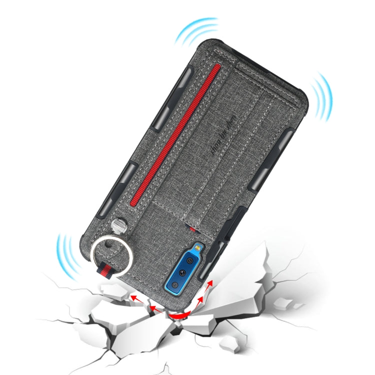 For Galaxy A7 (2018) Cloth Texture + TPU Shockproof Protective Case with Metal Ring & Holder & Card Slots & Hanging Strap
