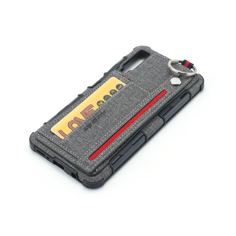 For Galaxy A7 (2018) Cloth Texture + TPU Shockproof Protective Case with Metal Ring & Holder & Card Slots & Hanging Strap